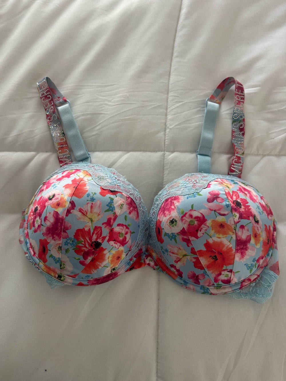 Victoria’s Secret Very Sexy 34 DD Underwire Floral Lace Light Blue Padded Bra